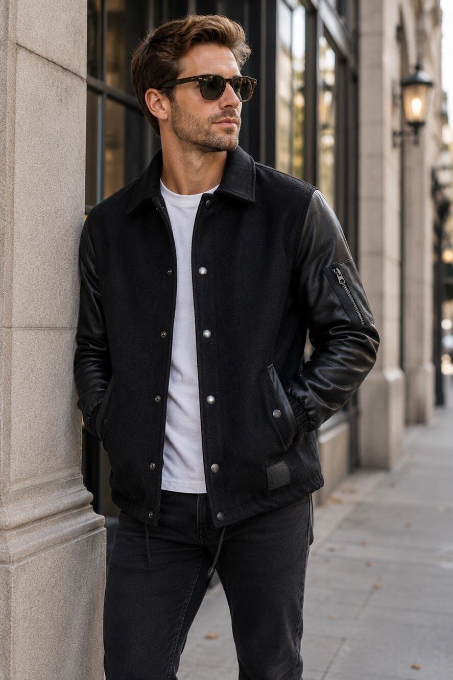 Coach Wool Leather Varsity Jacket Genuine Leather Sleeves Black Unisex S